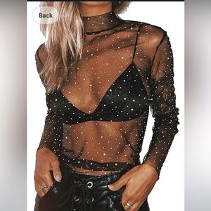 Women Y2K Sexy See Through Shirts Mesh Sheer Tops Long Sleeve Slim Fit